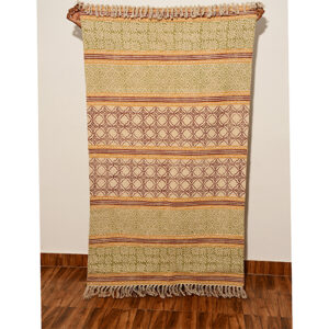 Yellow Green Block Printed Cotton Rugs Floral Pattern Dhurries