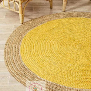 Natural Hand Woven Yellow Jute Area Rug With Beige Strips