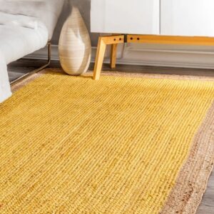 Handmade Natural Jute Yellow Rug Off White Bordered Carpet