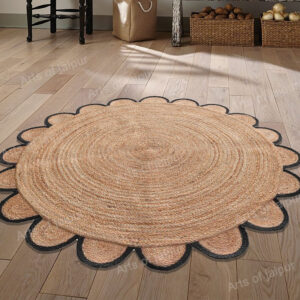 Natural Black Round Jute Scallop Rug Customize in Any Size & Shape