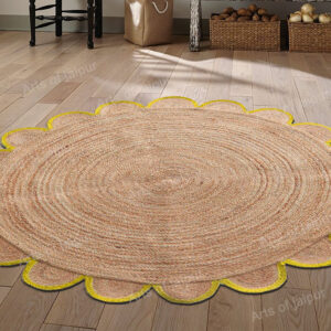 Yellow Round Natural Jute Area Rug Round Scalloped Carpet For Floor