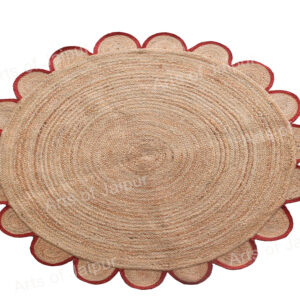 Red Round Scallop Jute Rug handmade Natural Fiber Carpet