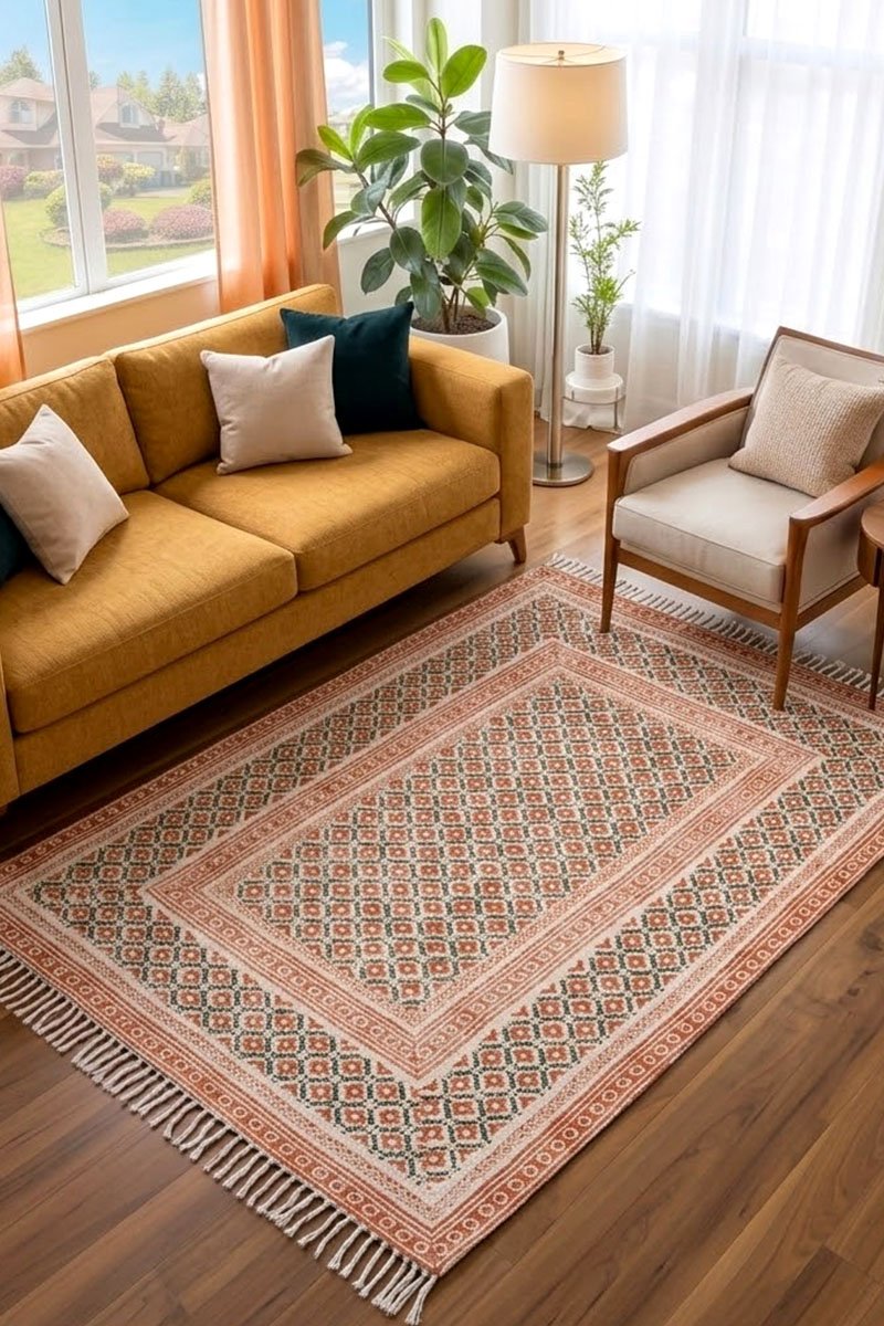 Stunning Hand Block Printed Orange Rug - Image 2