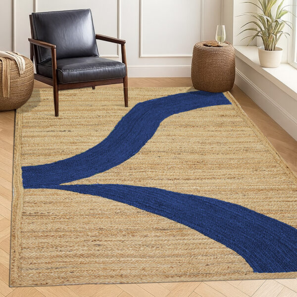 Handwoven Jute Area Rug with Blue Abstract Braided Pattern, Handmade Boho Accent Rug Braided Jute Carpet for Living Room & Foyer Bedroom Home Decor (Blue 8’ x 8’) - Image 5