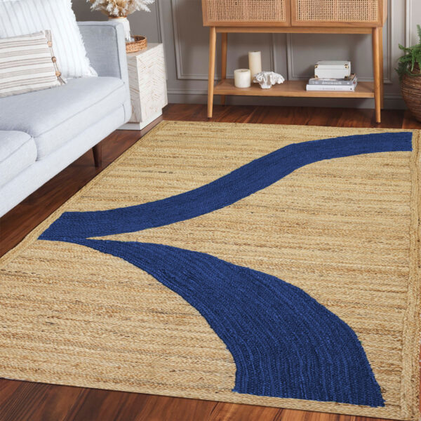 Handwoven Jute Area Rug with Blue Abstract Braided Pattern, Handmade Boho Accent Rug Braided Jute Carpet for Living Room & Foyer Bedroom Home Decor (Blue 8’ x 8’)