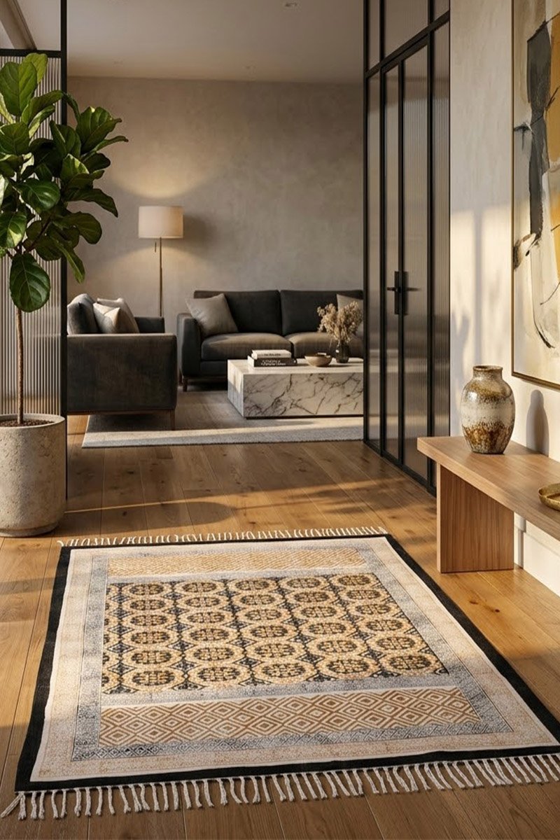 Stunning Handmade Black Geometric Rug - Image 2