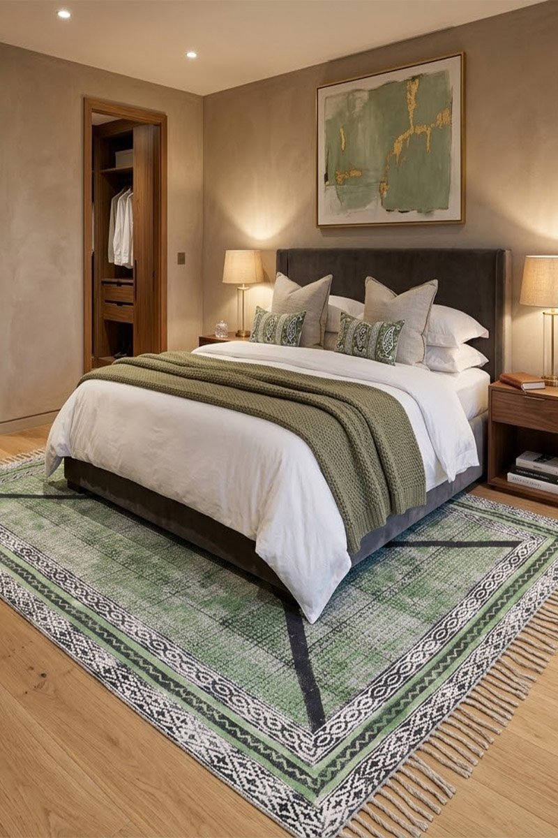 Vibrant Green Geometric Hand Block Printed Rug - Image 2