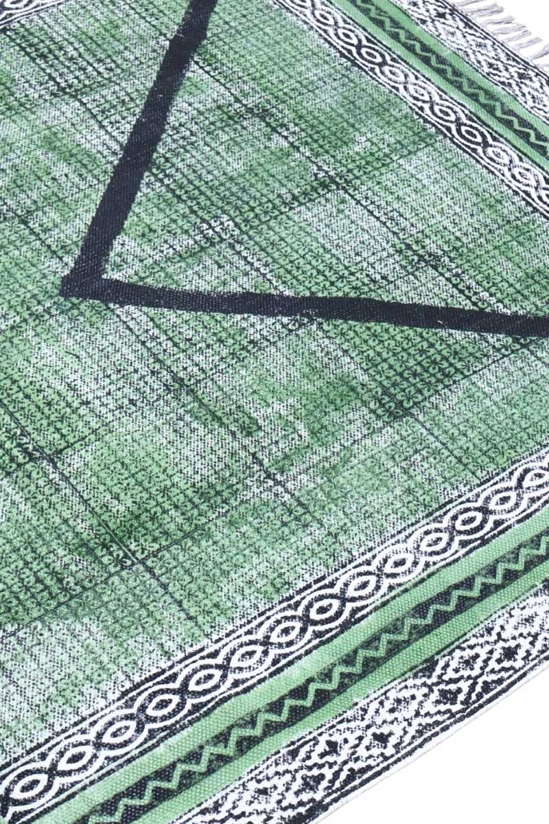 Vibrant Green Geometric Hand Block Printed Rug - Image 3