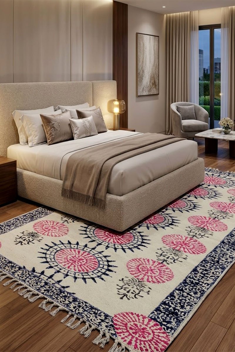 Exquisite Pink Blue Geometric Hand Block Printed Rug - Image 2
