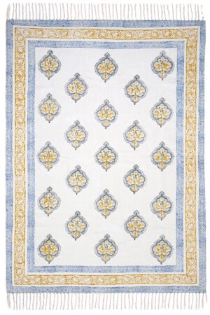 Stunning Gold & Blue Floral Rug | Hand Block Printed 4x6 Rug