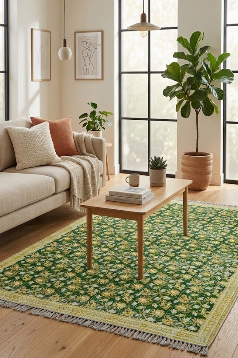 Exquisite Green Floral Rug | Hand Block Printed Rug - Image 2