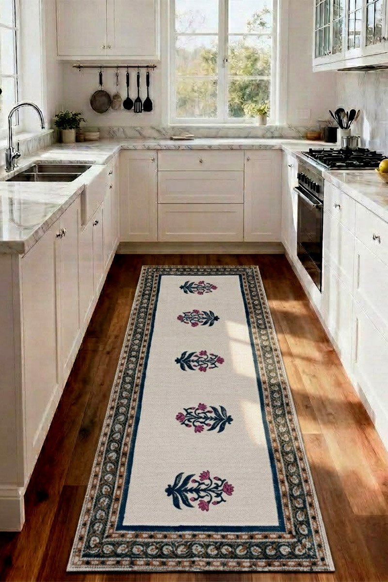 Elegant Blue Floral Block Print Runner Rug for Hallway & Living Room - Image 2