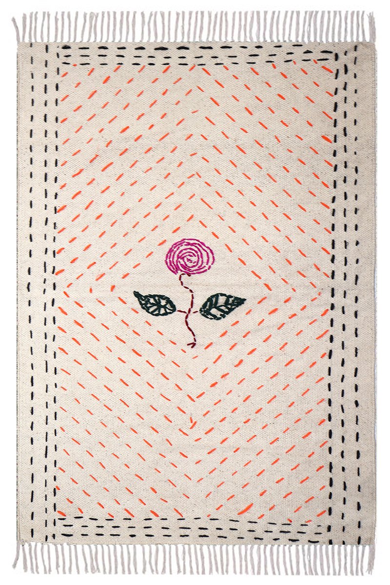 Exquisite Floral x3x5 Rug - Hand Stitched Kantha Cotton Rug
