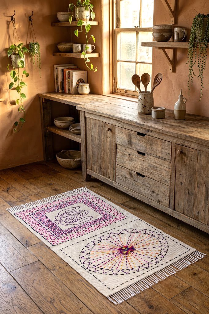 Artisanal Kantha Cotton Rug: Medallion & Sunburst - Image 2