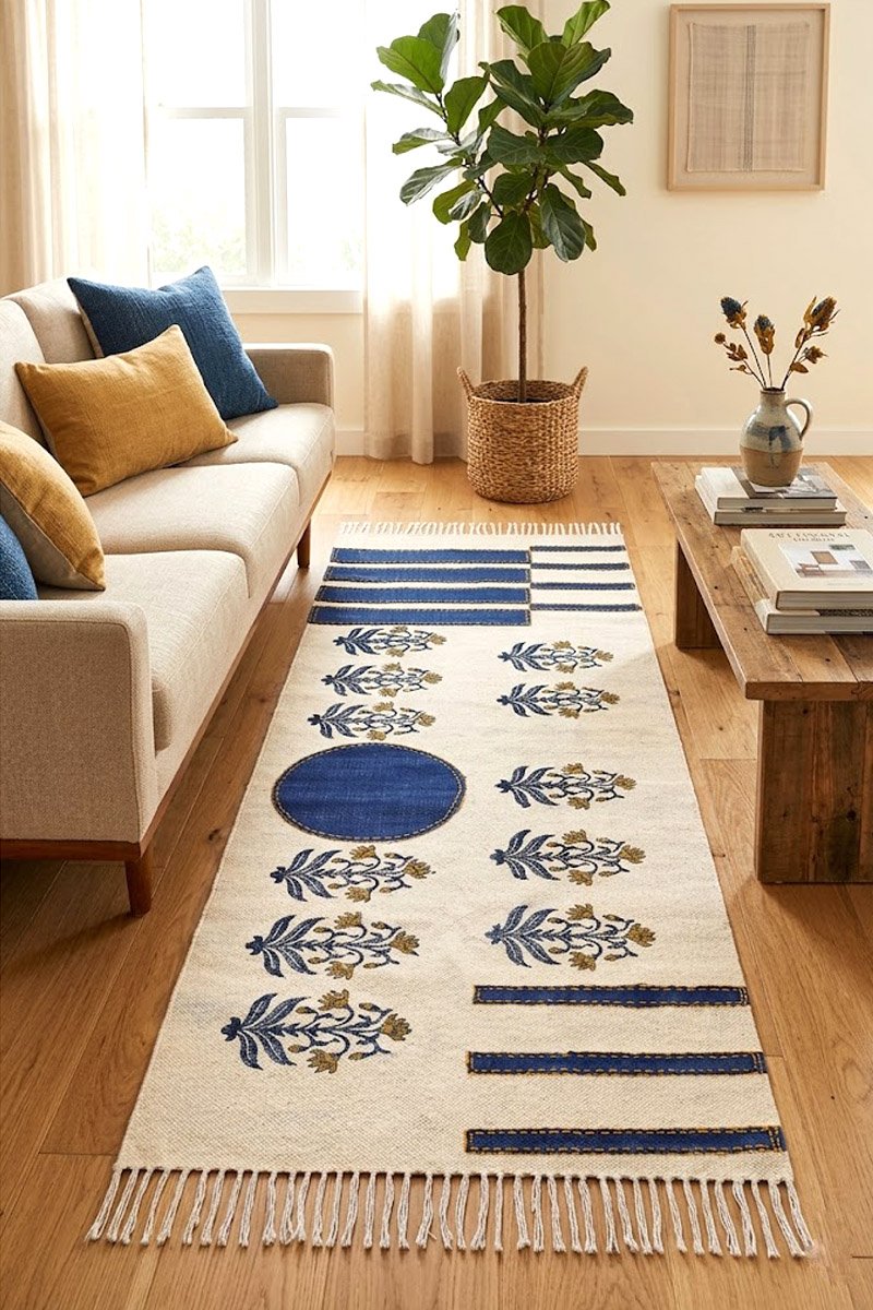 Artisanal Kantha Cotton Rug: Indigo Medallion Runner - Image 2