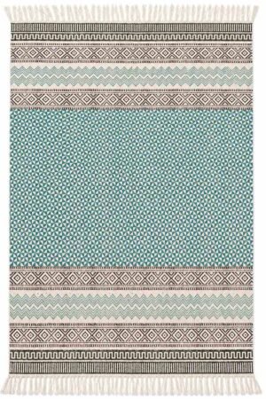 Geometric Cotton Rug made from cotton with modern tribal design Cotton handmade area rug with teal and neutral colors Geometric flat weave rug for trendy living rooms