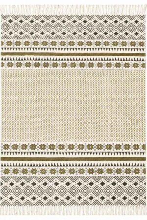 Premium geometric area rug featuring olive green and ivory tribal patterns with fringed edges. Top-down view of a washable geometric area rug with diamond and chevron motifs.