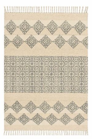 Hand block printed Geometric Cotton Area Rug with tassels in neutral ivory and charcoal pattern Elegant Geometric Cotton Area Rug featuring traditional block print motifs and fringe tassels Premium cotton area rug with geometric design and handcrafted tassel detailing for modern homes
