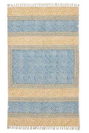 Handmade Geometric Cotton Rug featuring blue circular patterns and Greek-inspired borders.