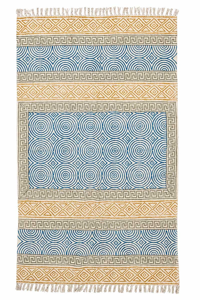 Handmade Geometric Cotton Rug featuring blue circular patterns and Greek-inspired borders.