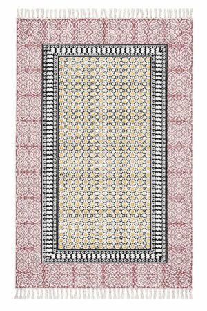 Elegant bedroom rug featuring intricate floral motifs inspired by Hand Block Printed Rugs.