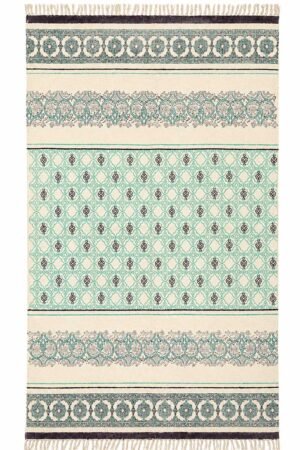 Olive geometric rug featuring artisan-inspired patterns and decorative borders in a cotton flatweave design Handmade Geometric Cotton Rug with olive green motifs and traditional block print styling Premium olive geometric rug with dhurrie-inspired pattern for living room and bedroom décor