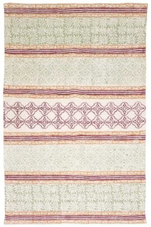 Geometric cotton rug with ivory and rose block-printed motifs and decorative borders Handmade Geometric Cotton Rug featuring traditional artisan-inspired patterns Premium geometric cotton rug with floral and geometric detailing for elegant interiors