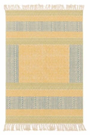 Hand Block Printed Modern Rug with geometric borders in soft yellow and sage tones Modern cotton rug featuring artisan block printed geometric patterns Premium Hand Block Printed Modern Rug for living room and bedroom décor