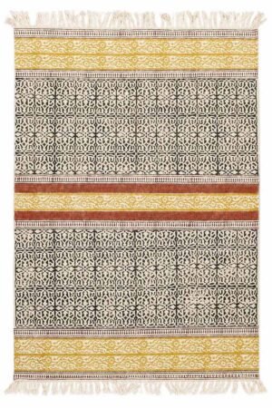 Hand Block Printed Modern Rug with geometric cotton pattern and artisan detailing Handmade geometric cotton rug featuring ivory, charcoal, and mustard block print design Elegant cotton area rug with hand block printed geometric motifs and decorative fringe