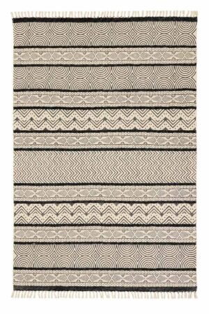 Geometric Cotton Rug with ivory and charcoal artisan pattern design Handmade geometric cotton rug featuring tribal-inspired motifs and striped detailing Neutral geometric cotton rug with decorative fringe for living room décor