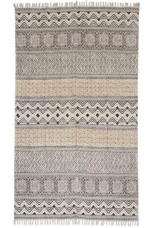 Hand Block Printed rug featuring geometric bands and artisan-inspired motifs Neutral hand block printed cotton rug with intricate geometric pattern design Artisan Hand Block Printed rug for living room and bedroom décor