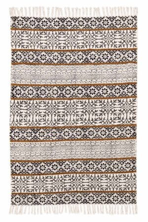 Printed Area Rug featuring geometric motifs and artisan-inspired border patterns Elegant printed area rug in ivory and charcoal with decorative geometric detailing Cotton printed area rug with intricate artisan pattern design and fringe edges