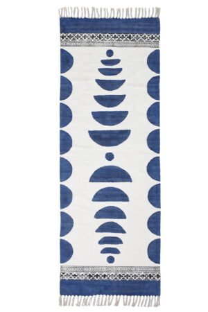 Blue geometric runner rug with modern symmetrical pattern for hallway Minimalist blue and white runner rug ideal for kitchen or corridor Contemporary geometric runner rug with fringe detailing and soft texture