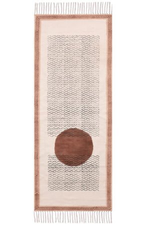 Modern abstract geometric washable runner rug with terracotta circle and wavy line design. Abstract Geometric Runner Rug