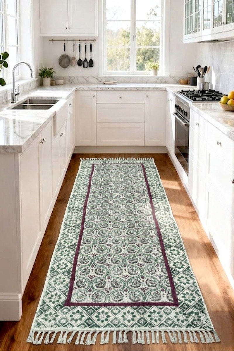 Traditional Hand Block Print Green Floral Runner Rug - Image 2
