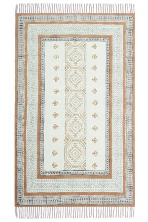 Overhead view of a premium geometric cotton rug featuring terracotta and cream tribal patterns.