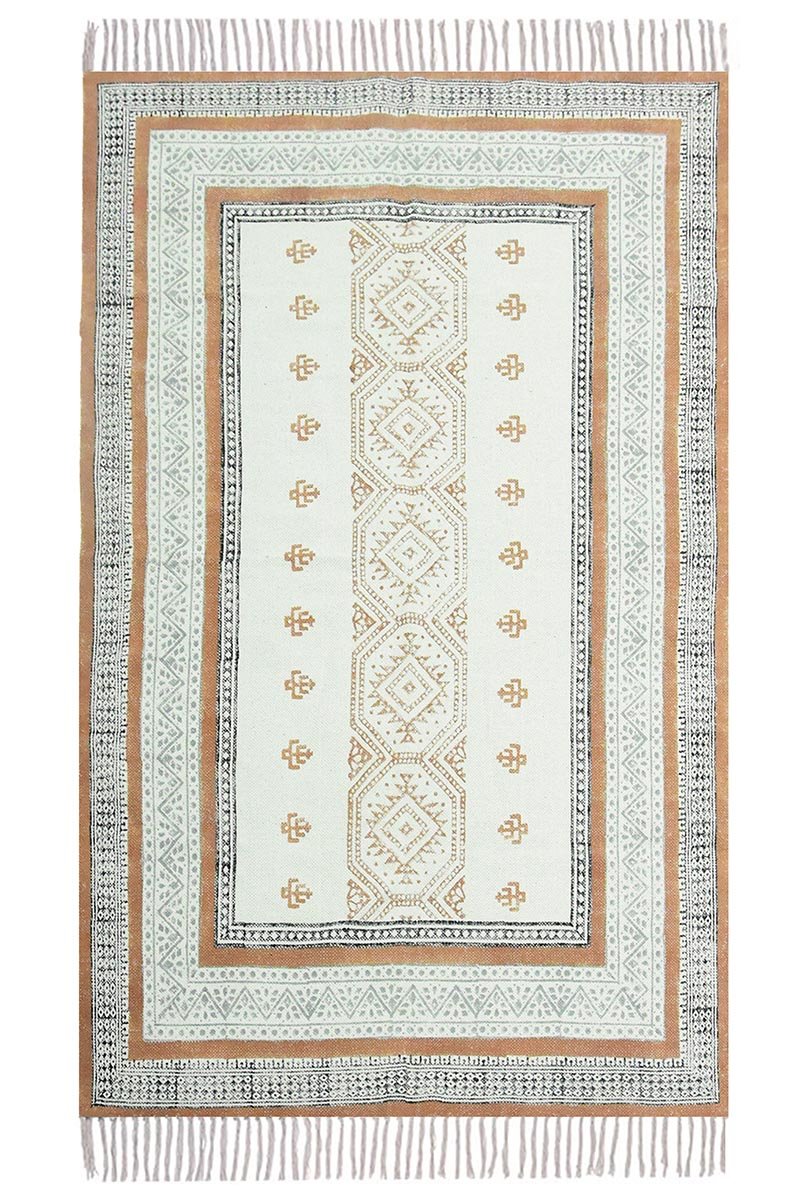 Overhead view of a premium geometric cotton rug featuring terracotta and cream tribal patterns.
