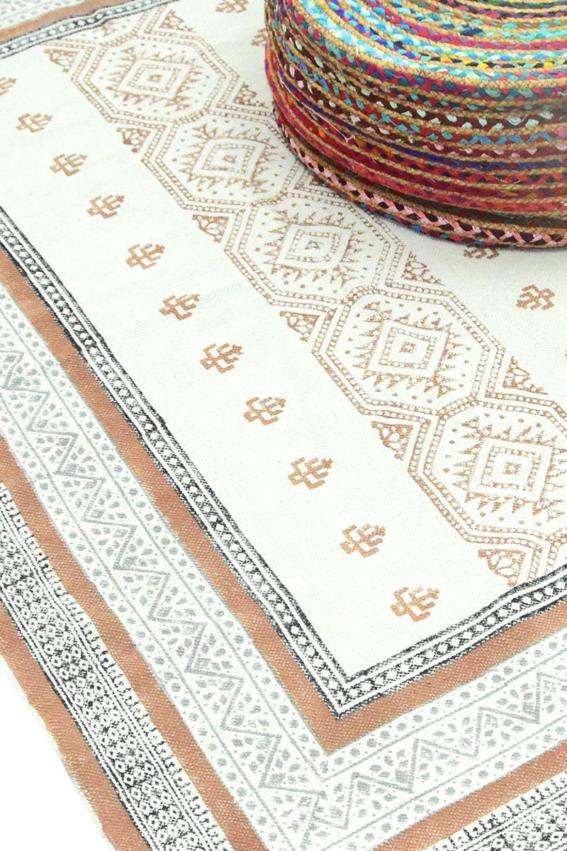 Hand Block Print Orange Cotton Dhurrie Rug Living Room Carpet - Image 3