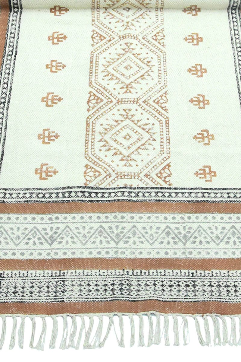 Hand Block Print Orange Cotton Dhurrie Rug Living Room Carpet - Image 4