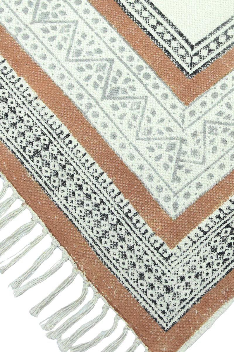 Hand Block Print Orange Cotton Dhurrie Rug Living Room Carpet - Image 5