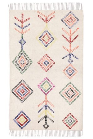 Handmade Kantha cotton area rug with colorful geometric embroidery Luxury boho Kantha rug with diamond stitched pattern design Flatweave handmade Kantha area rug for modern boho interiors