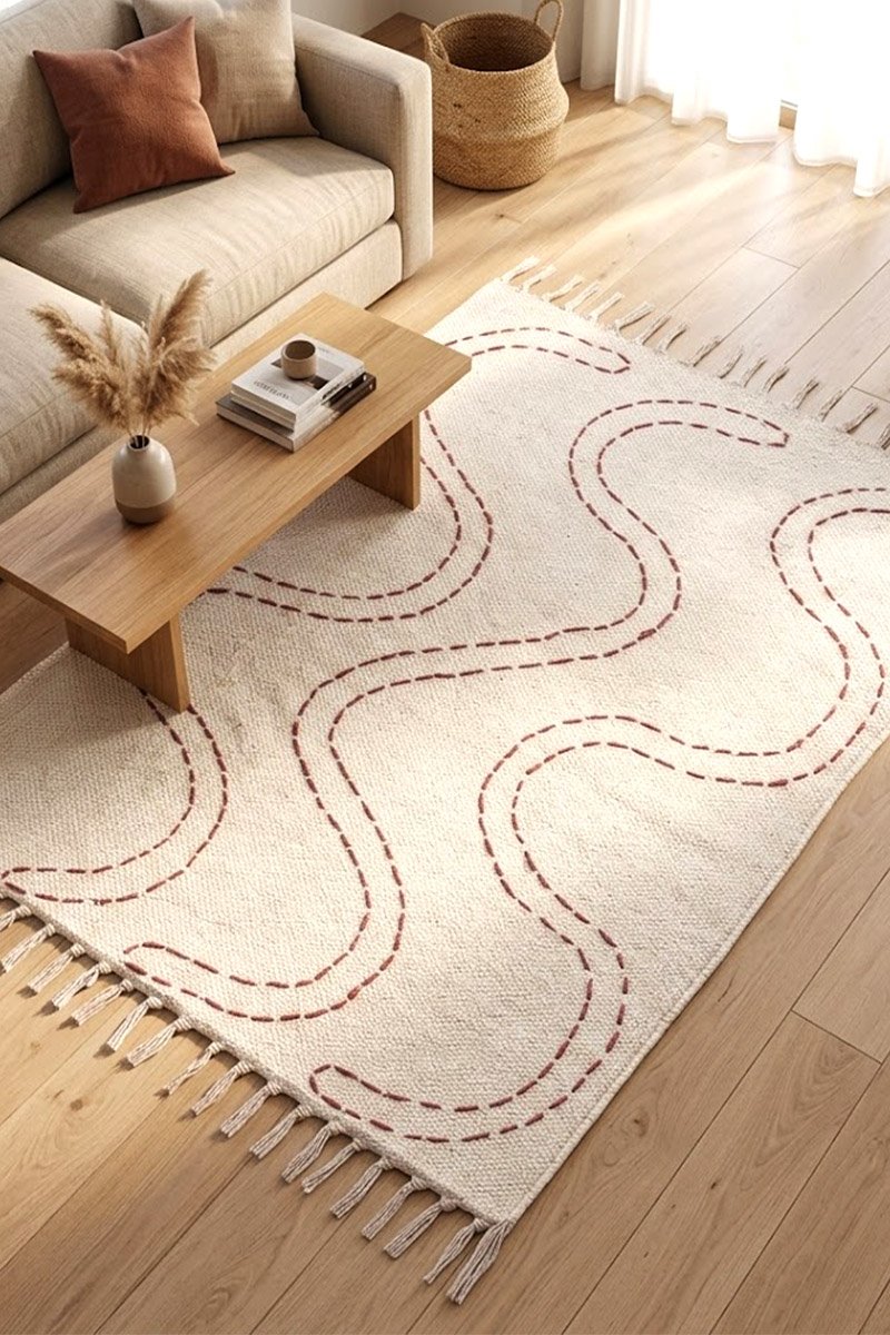 Modern Kantha Rug Embroidery Red Bedroom with Tassel - Image 2