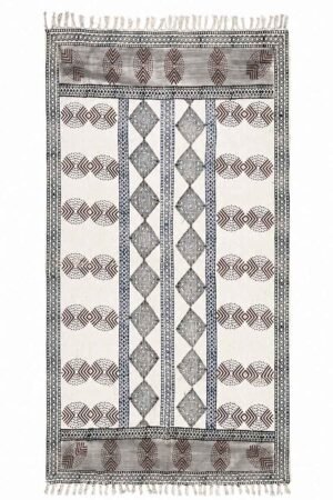 Gray printed area rugs with geometric motifs and decorative borders Handmade Geometric Cotton Rugs inspired gray area rug with tribal-style patterns Modern gray printed area rug featuring symmetrical geometric panel design