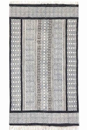 Printed black area rug with geometric panel design and decorative borders Handmade Geometric Cotton Rugs inspired black and gray area rug Modern printed black area rug featuring diamond and geometric patterns