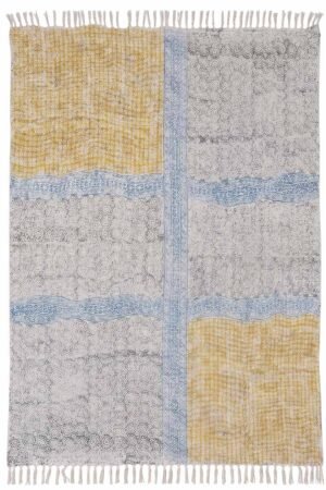 Printed geometric area rug with central diamond pattern and decorative borders Handmade Geometric Cotton Rugs inspired area rug in gray and ivory tones Modern printed geometric area rug featuring artisan-style motifs