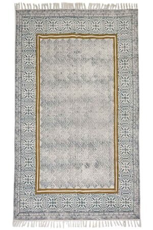 Printed geometric rug featuring decorative border and intricate motifs Handmade Geometric Cotton Rugs inspired rug in ivory, gray, and gold tones Modern printed geometric rug with detailed patterned frame design