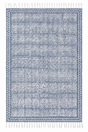 Hand block printed rug featuring intricate blue geometric motifs and decorative border Hand Block Printed Geometric Cotton Rug in blue and ivory tones Artisan-inspired hand block printed rug with detailed repeating pattern