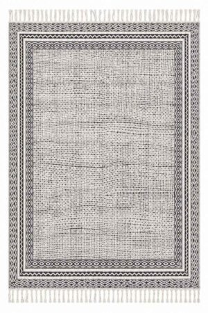 Geometric black rug with decorative framed border and textured center Handmade Geometric Cotton Rugs inspired black and ivory area rug Modern geometric black rug featuring artisan-style border patterns