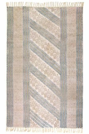 Hand printed geometric rug featuring diagonal patterns and diamond motifs Hand Block Printed Geometric Cotton Rug in ivory and blue-gray tones Modern hand printed geometric rug with artisan-inspired panel design