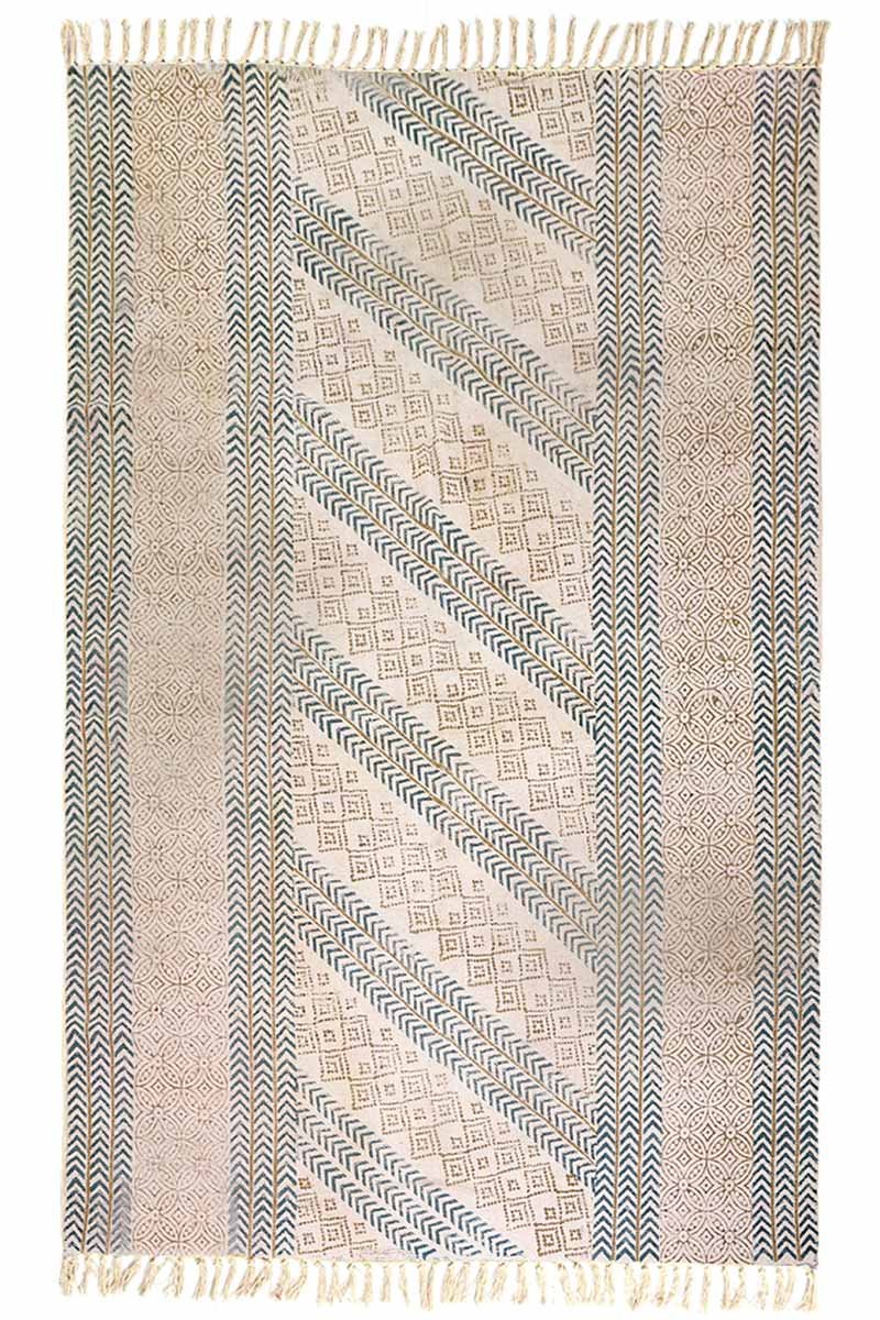 Hand printed geometric rug featuring diagonal patterns and diamond motifs Hand Block Printed Geometric Cotton Rug in ivory and blue-gray tones Modern hand printed geometric rug with artisan-inspired panel design
